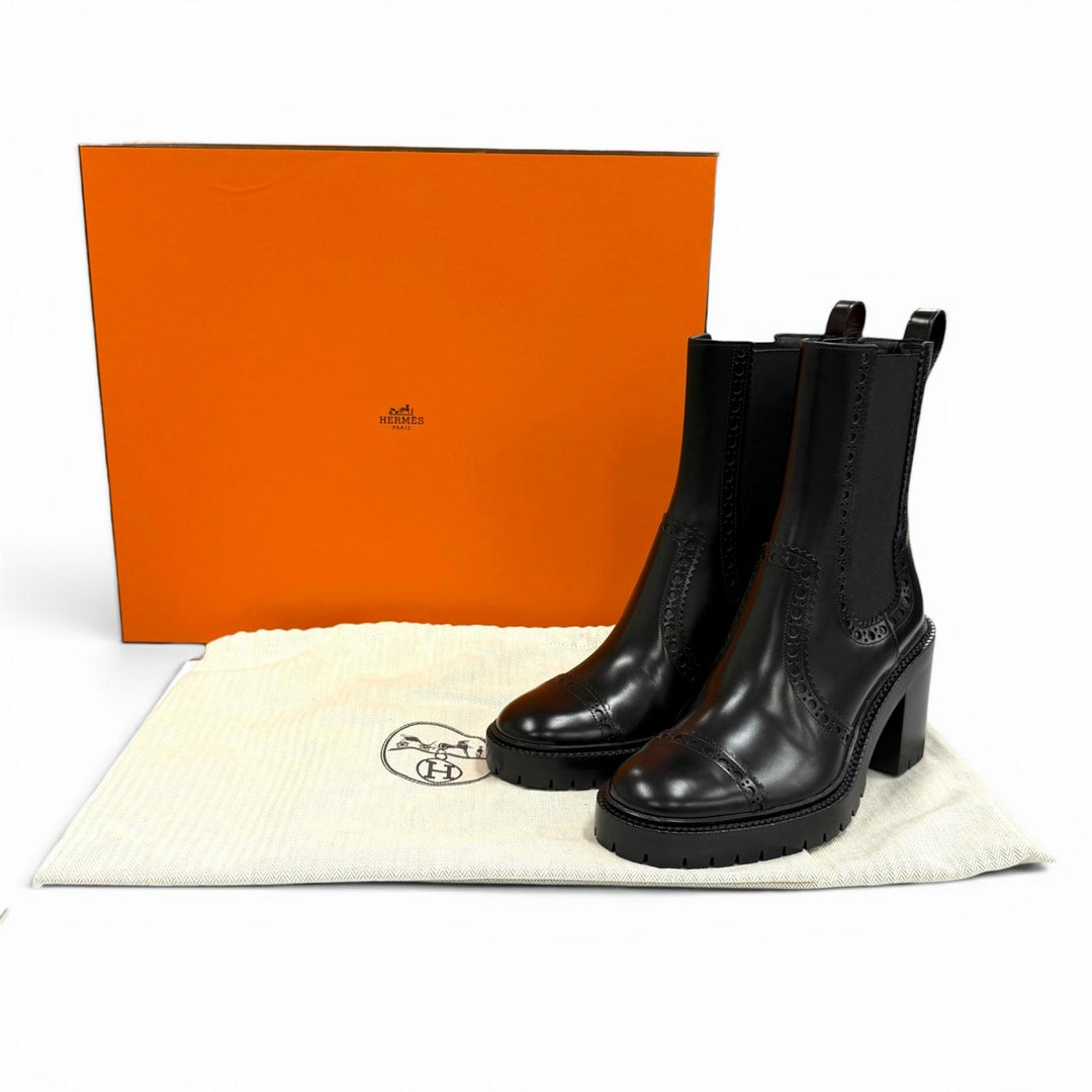 Pristine HERMES short boots Lindsay 70 Straight tip black leather Women 36