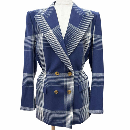 Excellent GUCCI Jacket Check Pattern Peaked Lapel Double Button Navy 40 589659