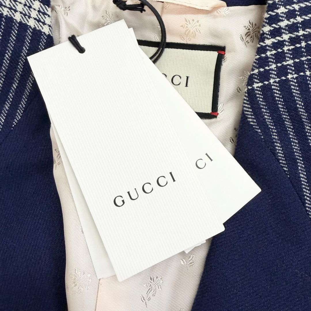 Excellent GUCCI Jacket Check Pattern Peaked Lapel Double Button Navy 40 589659