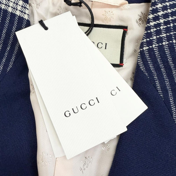 Excellent GUCCI Jacket Check Pattern Peaked Lapel Double Button Navy 40 589659