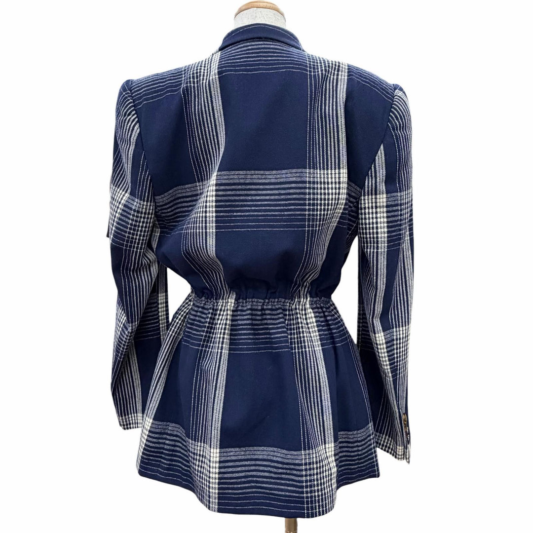 Excellent GUCCI Jacket Check Pattern Peaked Lapel Double Button Navy 40 589659