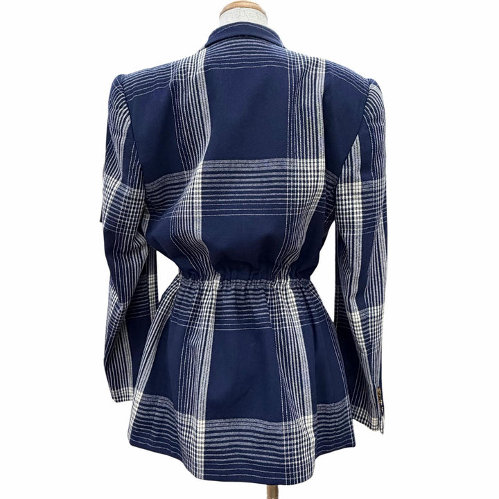 Excellent GUCCI Jacket Check Pattern Peaked Lapel Double Button Navy 40 589659