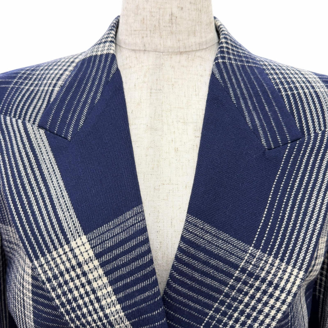 Excellent GUCCI Jacket Check Pattern Peaked Lapel Double Button Navy 40 589659