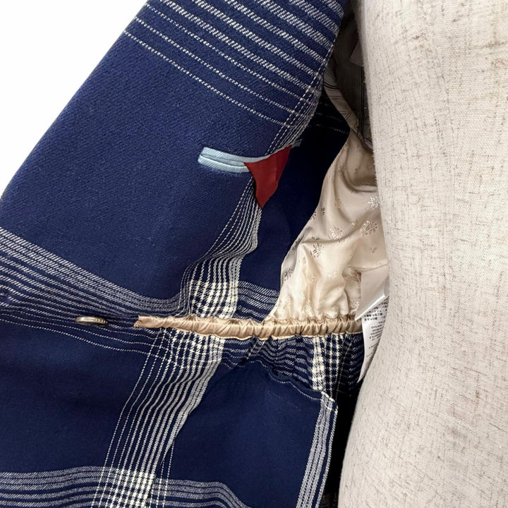 Excellent GUCCI Jacket Check Pattern Peaked Lapel Double Button Navy 40 589659