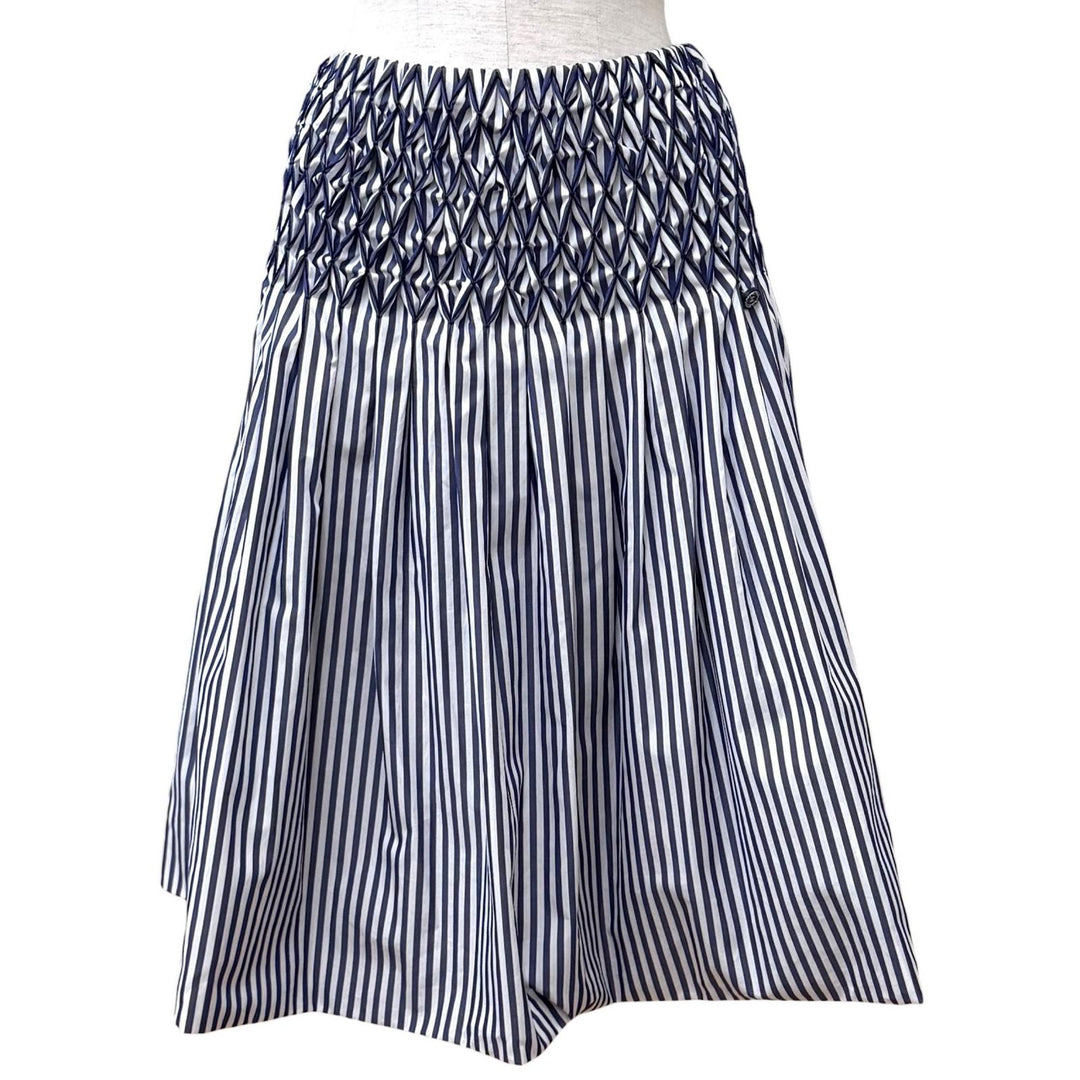 Excellent CHANEL skirt Smocking Gathered Stripe Navy cotton Women 36 P60279
