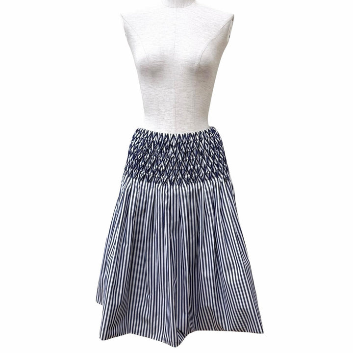 Excellent CHANEL skirt Smocking Gathered Stripe Navy cotton Women 36 P60279