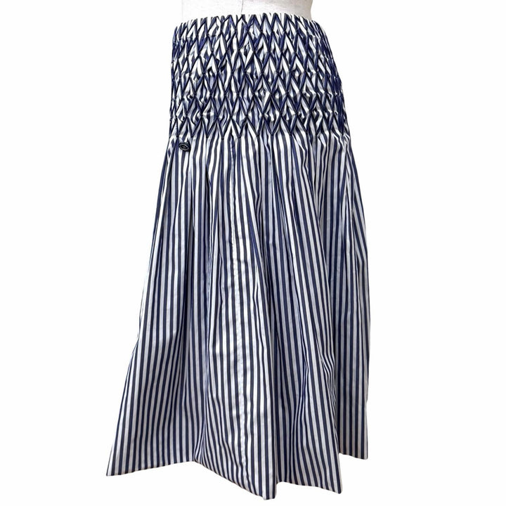 Excellent CHANEL skirt Smocking Gathered Stripe Navy cotton Women 36 P60279