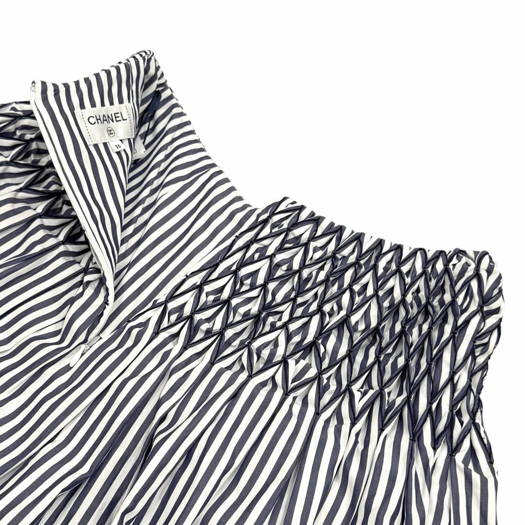Excellent CHANEL skirt Smocking Gathered Stripe Navy cotton Women 36 P60279