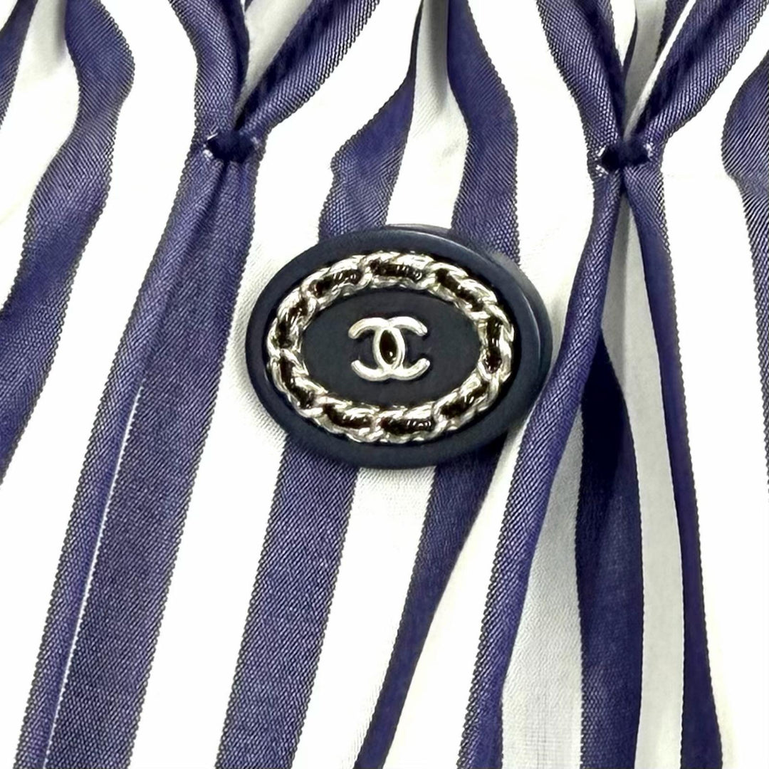 Excellent CHANEL skirt Smocking Gathered Stripe Navy cotton Women 36 P60279