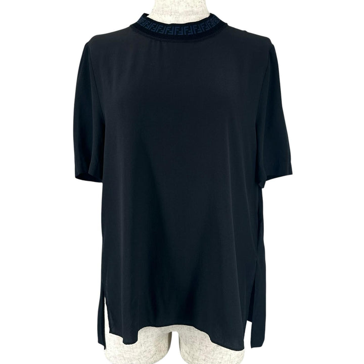 Excellent FENDI T-shirt FF logo Zucca Pattern Side Slit black silk Women 38