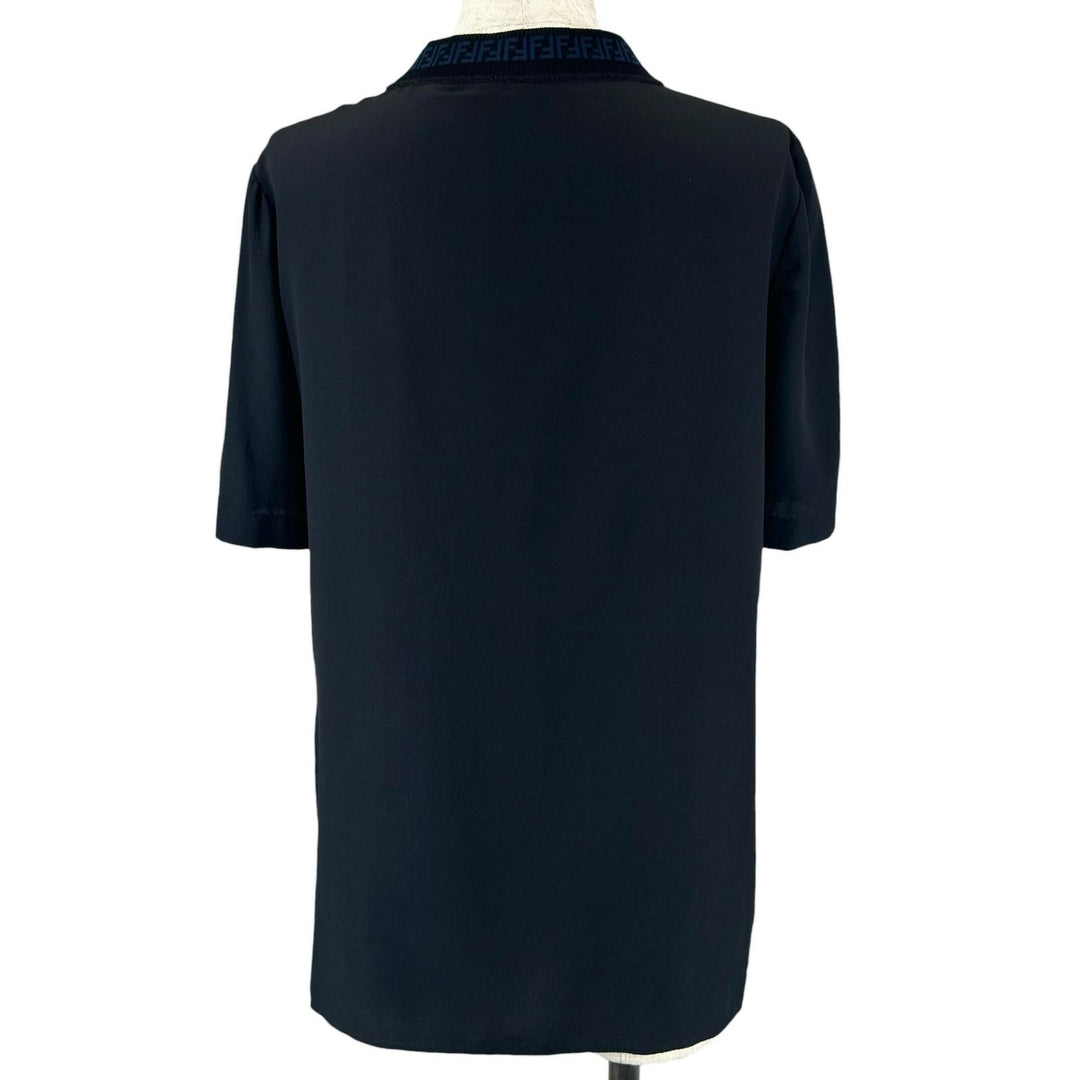 Excellent FENDI T-shirt FF logo Zucca Pattern Side Slit black silk Women 38