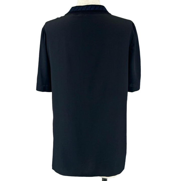 Excellent FENDI T-shirt FF logo Zucca Pattern Side Slit black silk Women 38