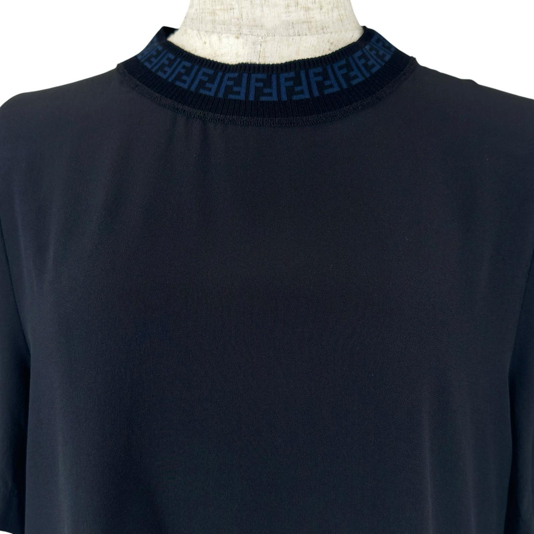 Excellent FENDI T-shirt FF logo Zucca Pattern Side Slit black silk Women 38
