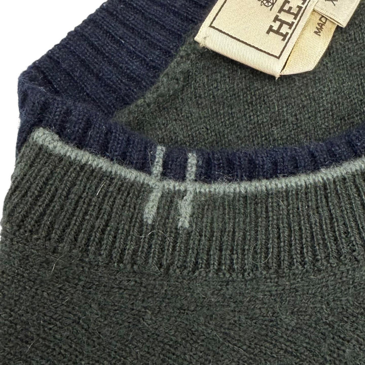 Great HERMES knit H logo embroidered crew neck long sleeve khaki cashmere XS