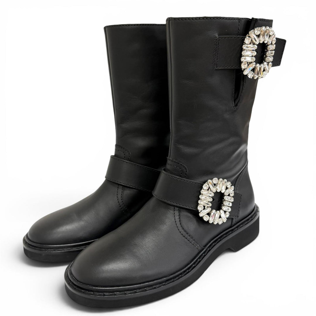 Excellent ROGER VIVIER Crystal Buckle Leather Biker Boots Ankle Boots black 36.5