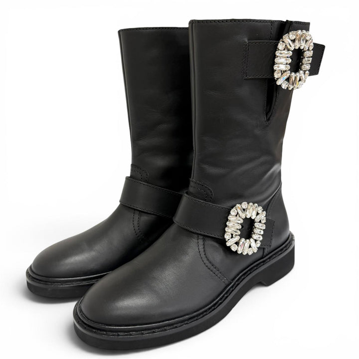 Excellent ROGER VIVIER Crystal Buckle Leather Biker Boots Ankle Boots black 36.5