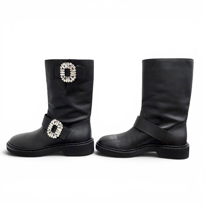 Excellent ROGER VIVIER Crystal Buckle Leather Biker Boots Ankle Boots black 36.5