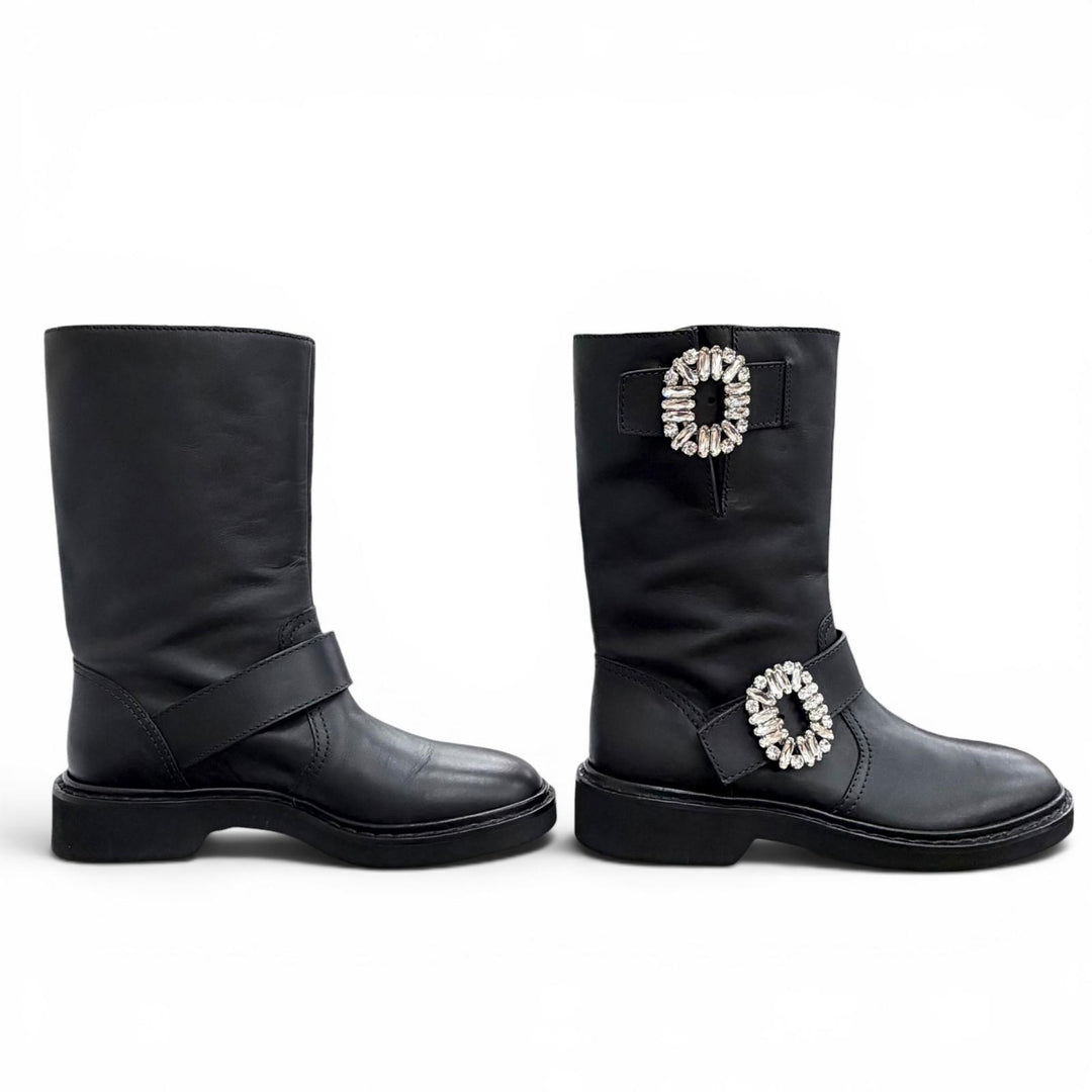 Excellent ROGER VIVIER Crystal Buckle Leather Biker Boots Ankle Boots black 36.5