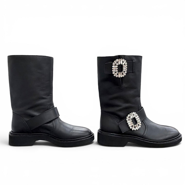 Excellent ROGER VIVIER Crystal Buckle Leather Biker Boots Ankle Boots black 36.5
