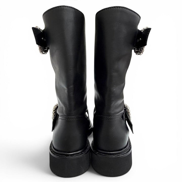 Excellent ROGER VIVIER Crystal Buckle Leather Biker Boots Ankle Boots black 36.5