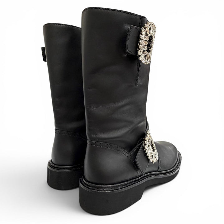 Excellent ROGER VIVIER Crystal Buckle Leather Biker Boots Ankle Boots black 36.5