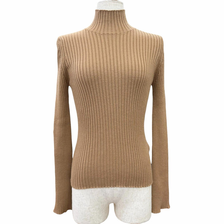 Excellent MONCLER DOLCEVITA Logo patch high-neck ribbed knit sweater Brown XS