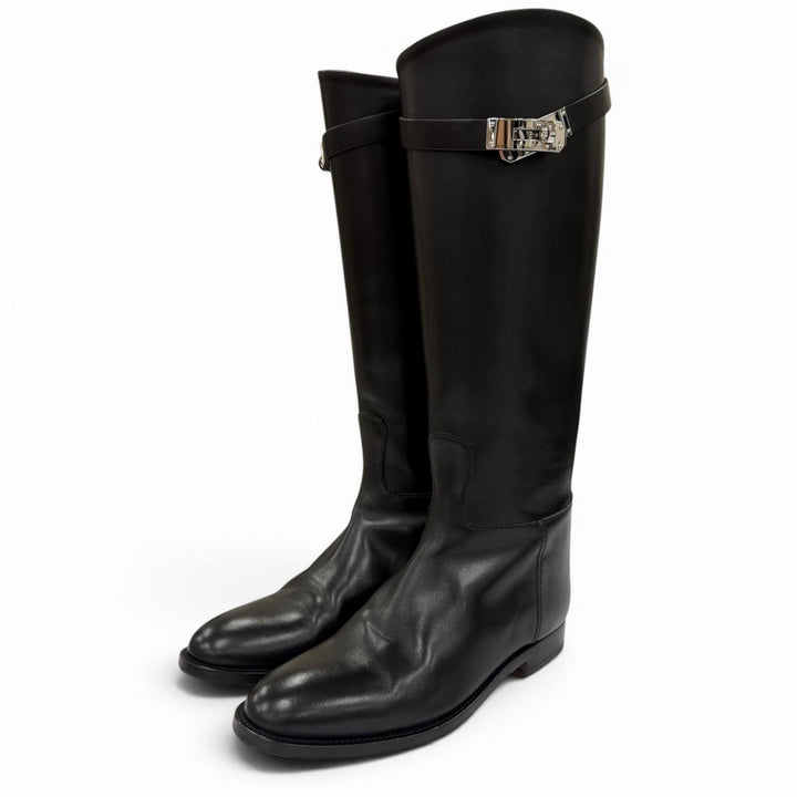 Excellent HERMES Knee-high boots Kelly Buckle Leather Jumping Boots black 37