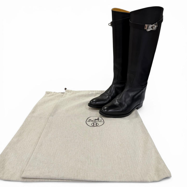 Excellent HERMES Knee-high boots Kelly Buckle Leather Jumping Boots black 37