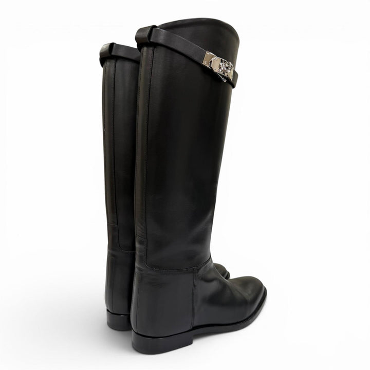 Excellent HERMES Knee-high boots Kelly Buckle Leather Jumping Boots black 37