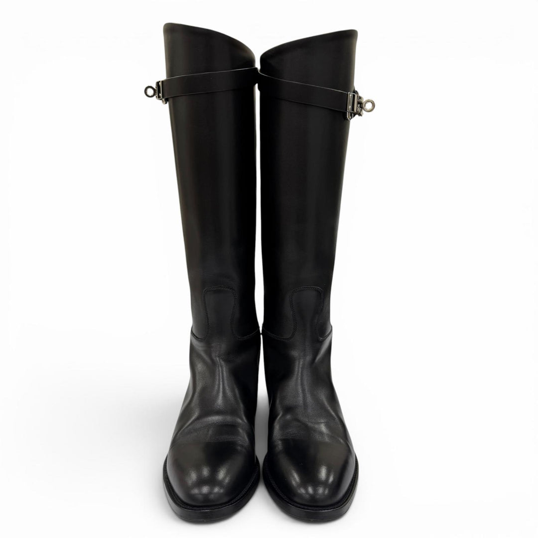 Excellent HERMES Knee-high boots Kelly Buckle Leather Jumping Boots black 37