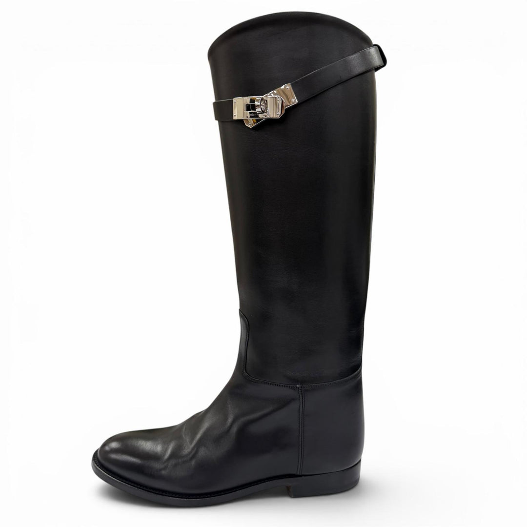 Excellent HERMES Knee-high boots Kelly Buckle Leather Jumping Boots black 37