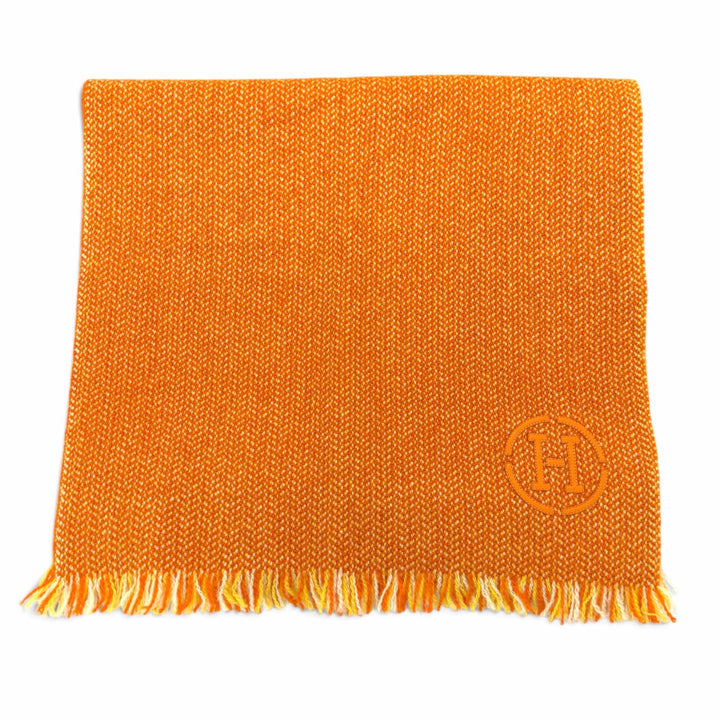 Excellent HERMES Scarf H Logo Leather Patch Herringbone Pattern Granite cashmere
