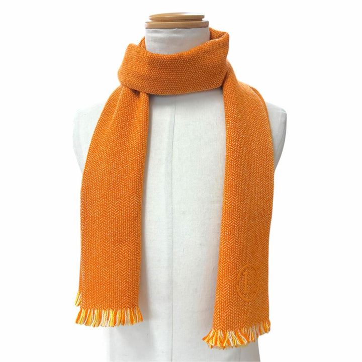 Excellent HERMES Scarf H Logo Leather Patch Herringbone Pattern Granite cashmere