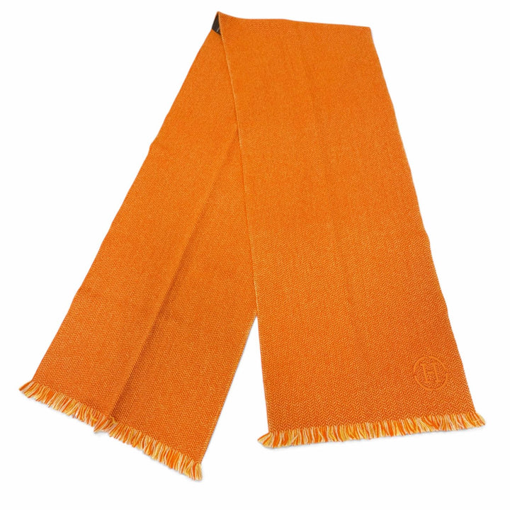 Excellent HERMES Scarf H Logo Leather Patch Herringbone Pattern Granite cashmere