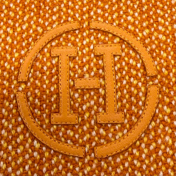 Excellent HERMES Scarf H Logo Leather Patch Herringbone Pattern Granite cashmere
