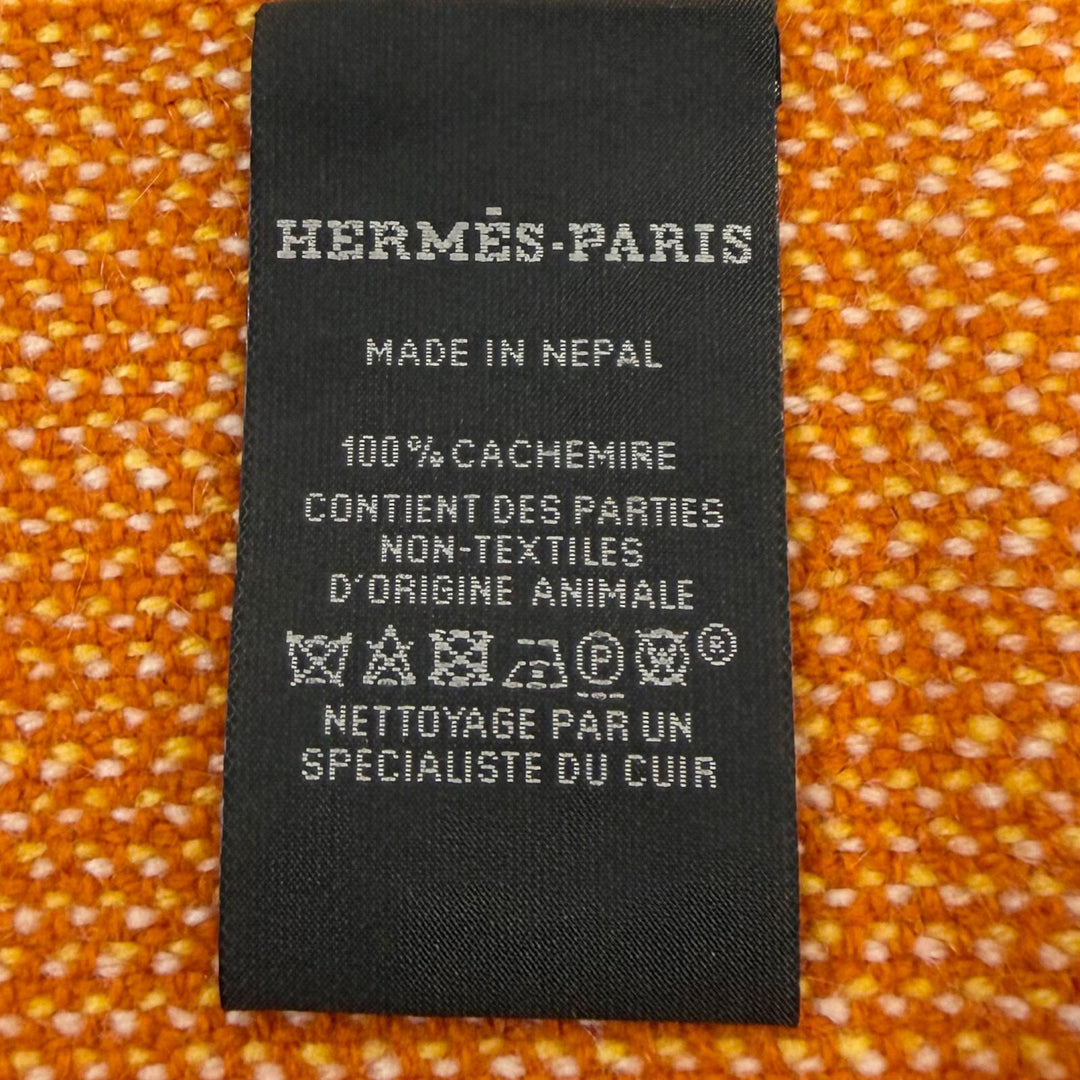 Excellent HERMES Scarf H Logo Leather Patch Herringbone Pattern Granite cashmere