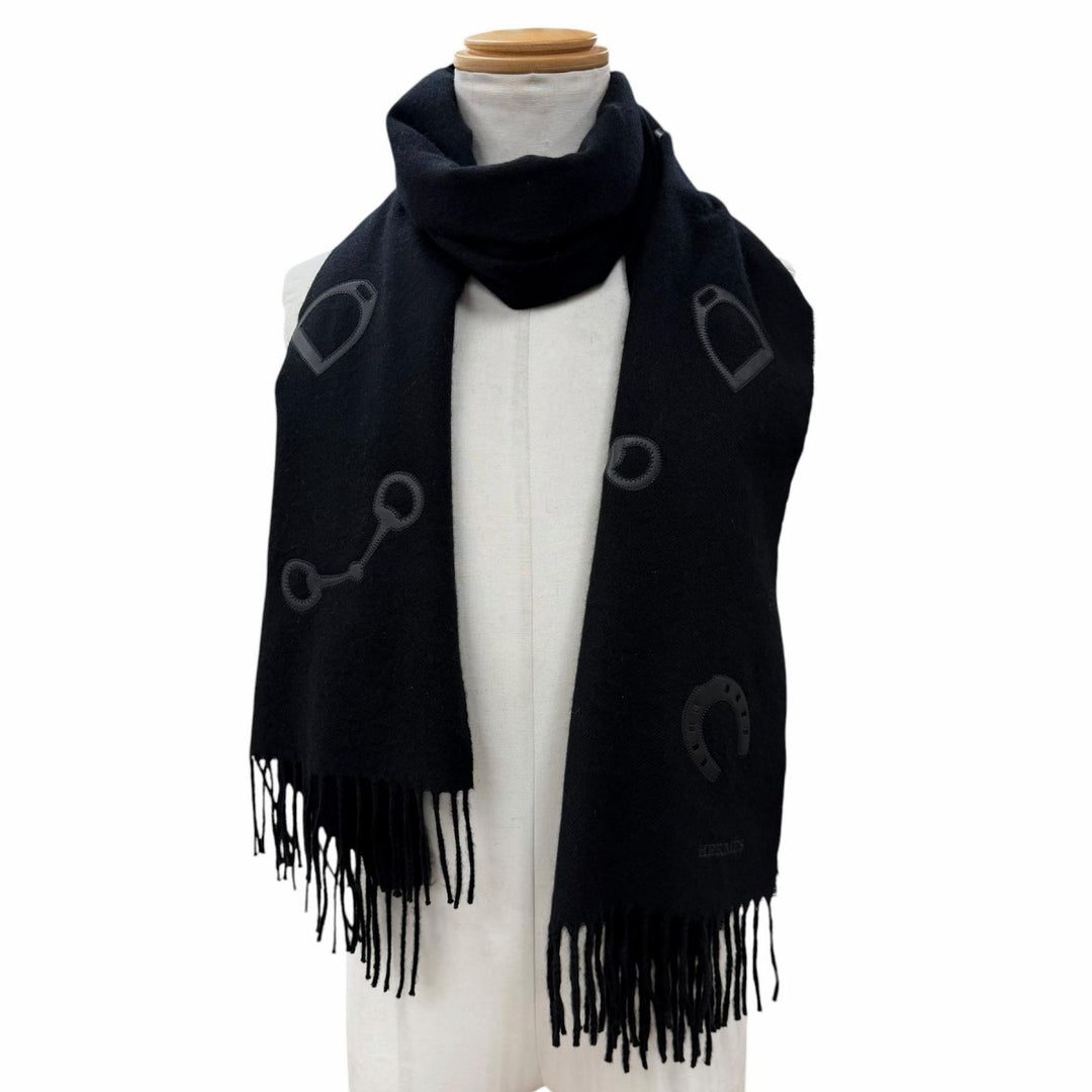 Pristine HERMES Scarf Patch Echesol black cashmere mens