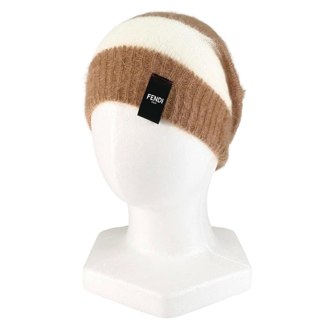 Excellent FENDI Knit cap Logo patch border Brown mohair Women FXQ107