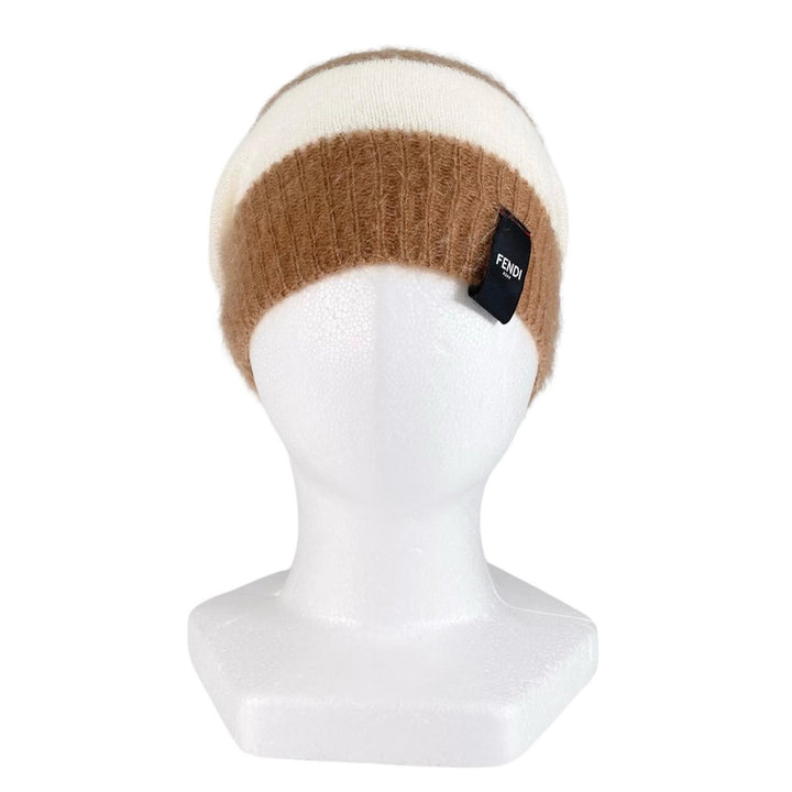 Excellent FENDI Knit cap Logo patch border Brown mohair Women FXQ107