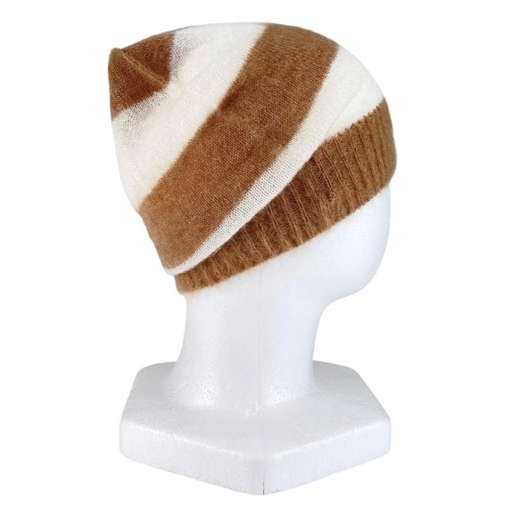 Excellent FENDI Knit cap Logo patch border Brown mohair Women FXQ107