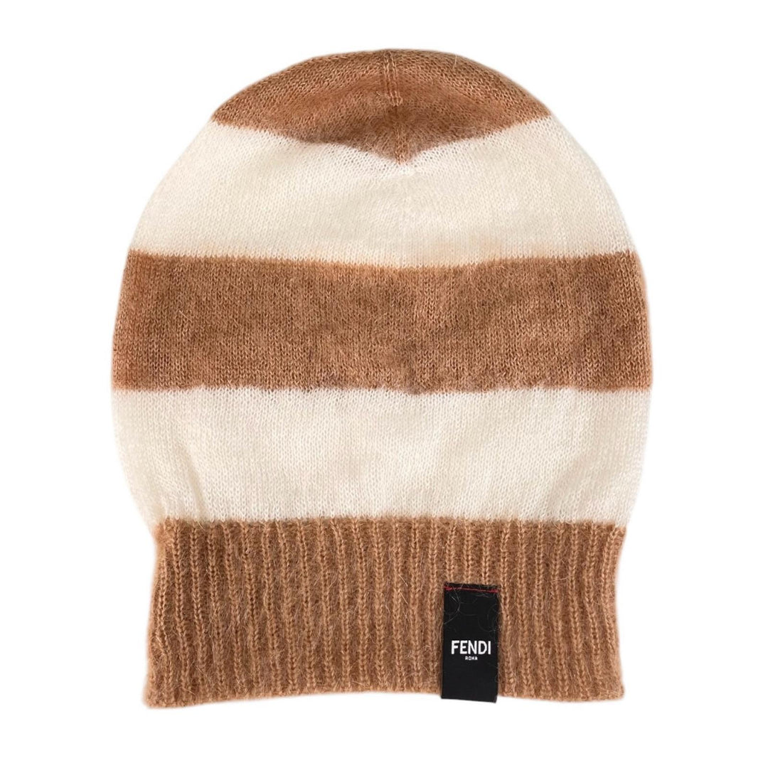 Excellent FENDI Knit cap Logo patch border Brown mohair Women FXQ107
