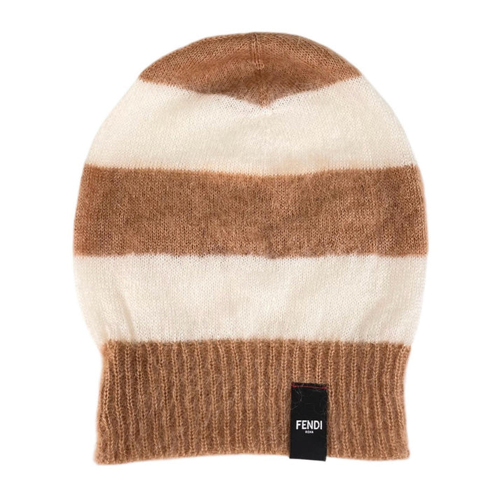 Excellent FENDI Knit cap Logo patch border Brown mohair Women FXQ107
