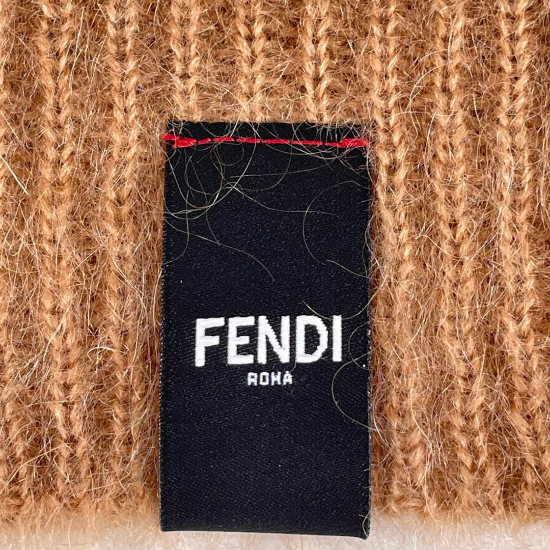 Excellent FENDI Knit cap Logo patch border Brown mohair Women FXQ107