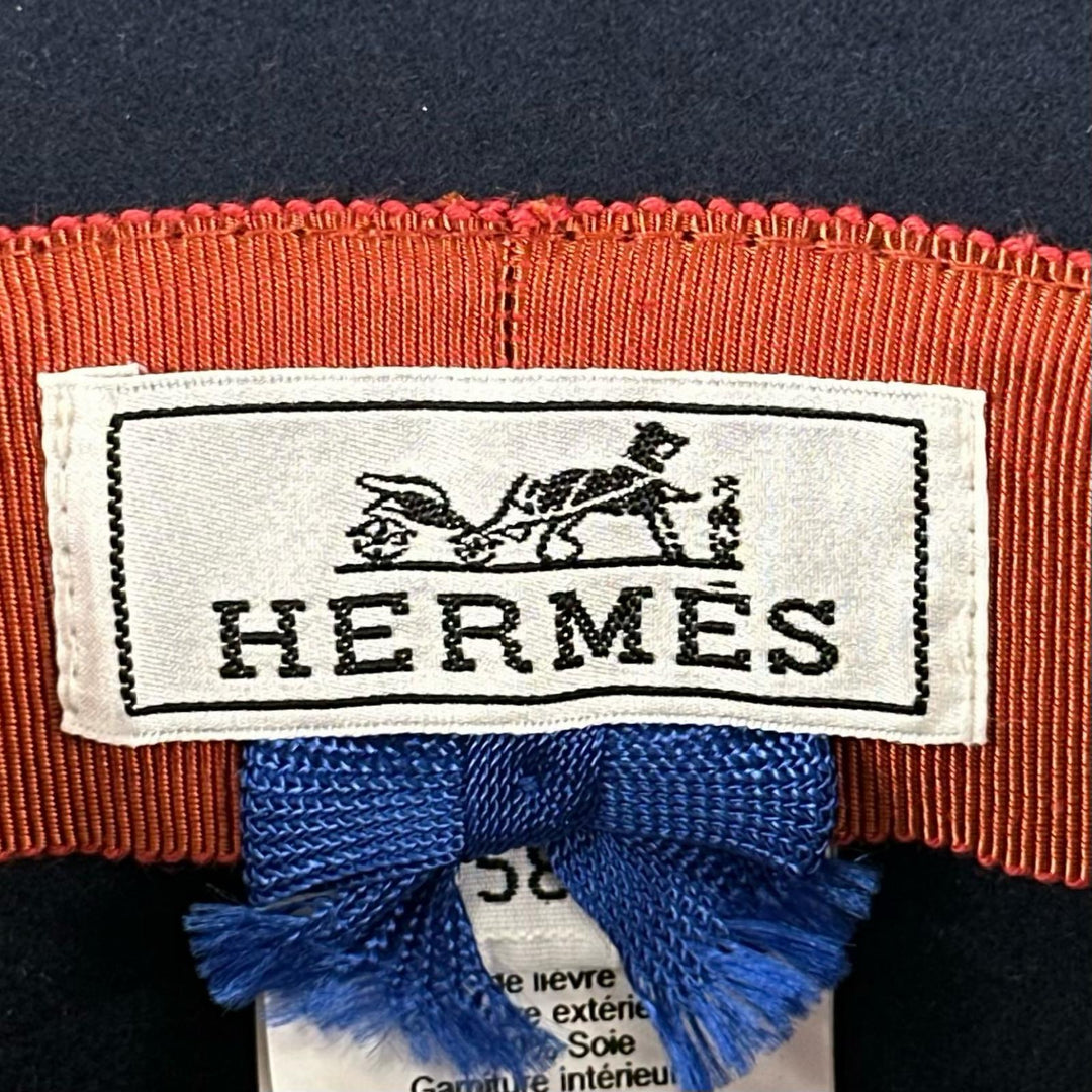 Excellent HERMES hat Scarf ribbon, Lapin Felt Navy wool Women 58