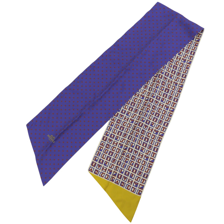 Excellent HERMES scarf Maxi Twilly Cut Lettres et Pois blue silk Women