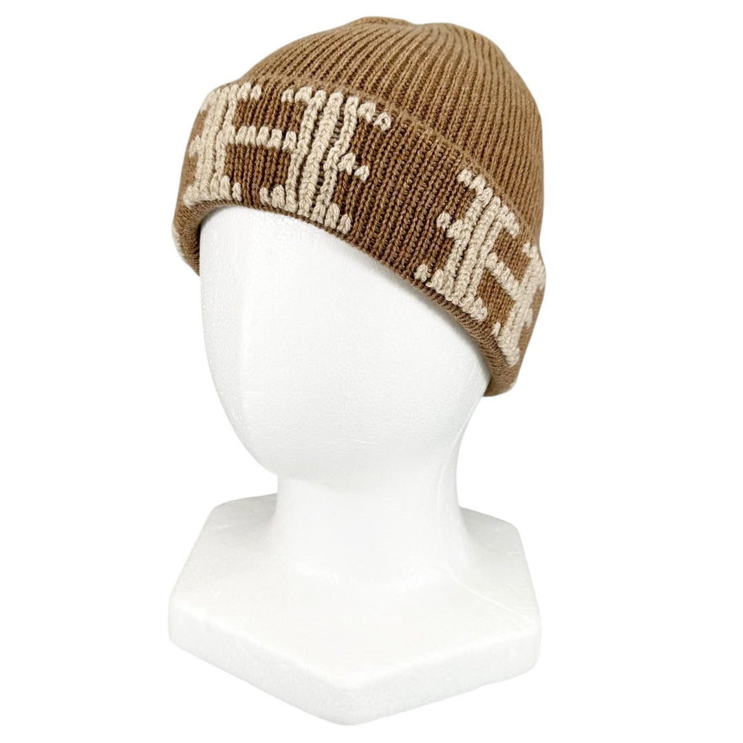 Excellent HERMES Knit cap Margiela-era H logo beanie Camel cashmere Women