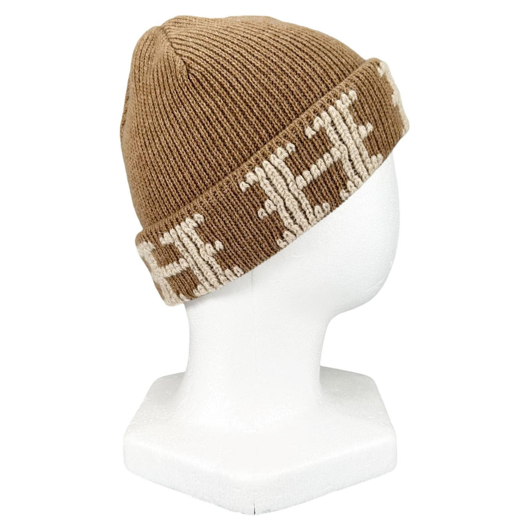 Excellent HERMES Knit cap Margiela-era H logo beanie Camel cashmere Women