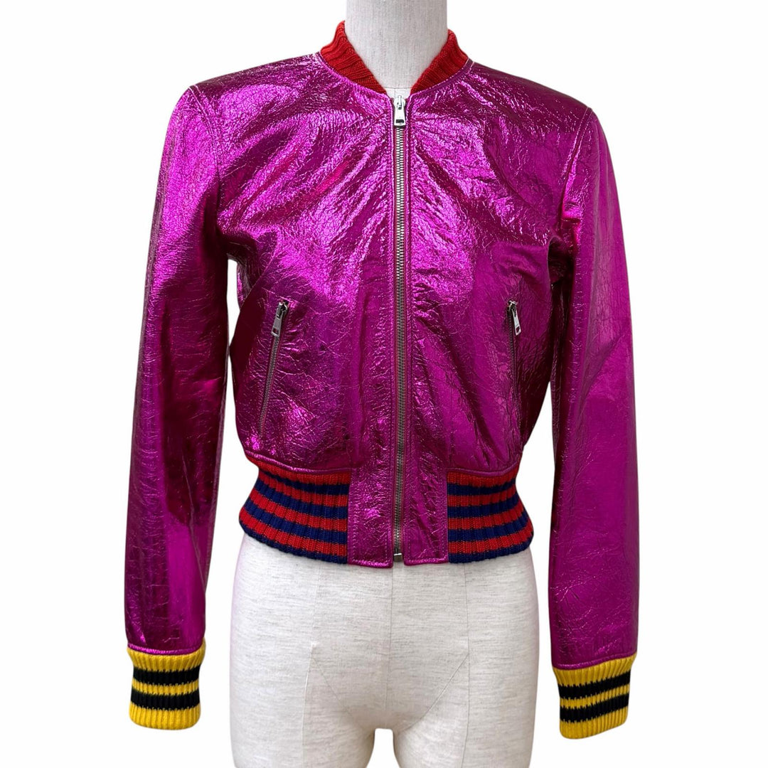 Excellent GUCCI Bomber jacket Logo Zip Metalic Sheep leather 36 481483