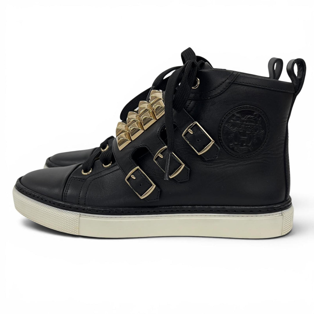 Great HERMES High cut sneakers Lenox Exclibris Collier de Chien black leather