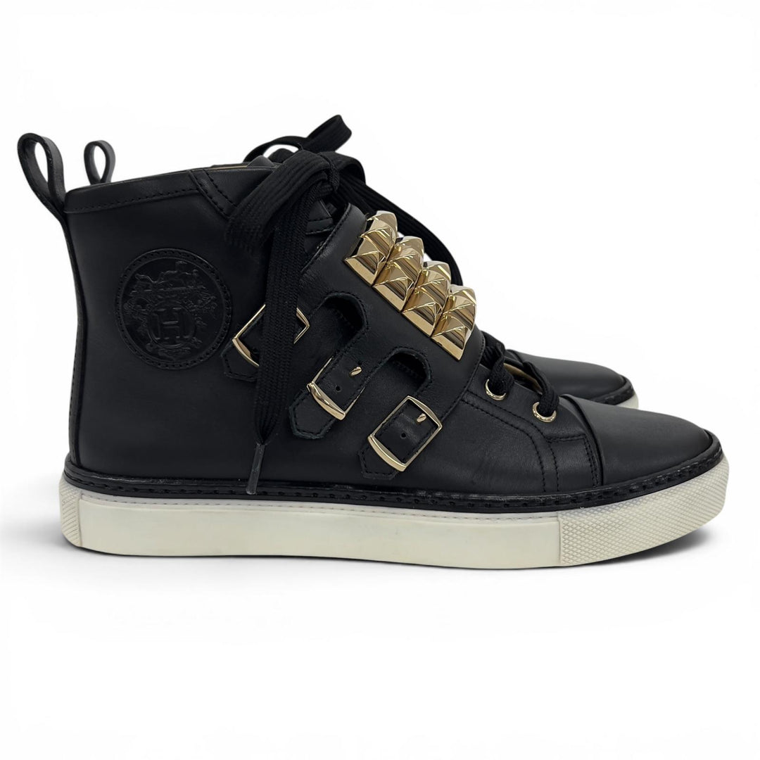 Great HERMES High cut sneakers Lenox Exclibris Collier de Chien black leather